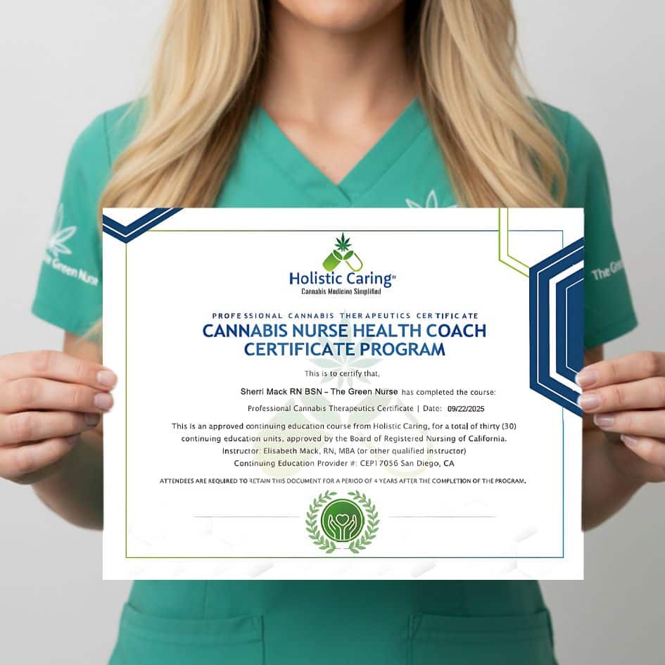 Nurse holding a Cannabis Nurse Health Coach (CNCP) Certificate Program Diploma