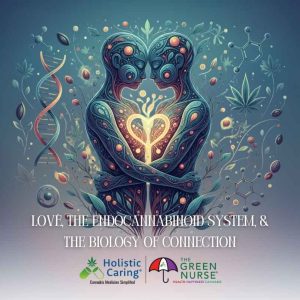 Illustration of two human figures embracing with a glowing heart, surrounded by DNA strands, cannabinoid molecules, cannabis leaves, and botanical elements representing love and the endocannabinoid system.