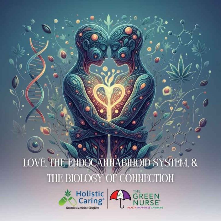 Illustration of two human figures embracing with a glowing heart, surrounded by DNA strands, cannabinoid molecules, cannabis leaves, and botanical elements representing love and the endocannabinoid system.