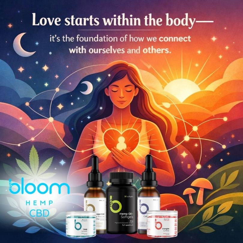 Illustration of a woman holding a glowing heart with Bloom Hemp CBD products, cannabis leaves, and nature-inspired elements representing the endocannabinoid system, emotional wellness, and human connection.