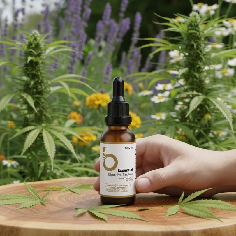 Bottle of Essential Digestive Tincture with hemp extract displayed in a natural garden setting surrounded by herbs and flowering plants.