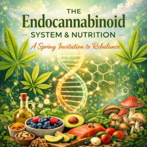 Vibrant spring graphic titled "The Endocannabinoid System & Nutrition: A Spring Invitation to Rebalance," featuring a glowing DNA strand, molecular structure, cannabis leaves, and nutrient-dense whole foods like salmon, berries, avocado, nuts, and mushrooms.