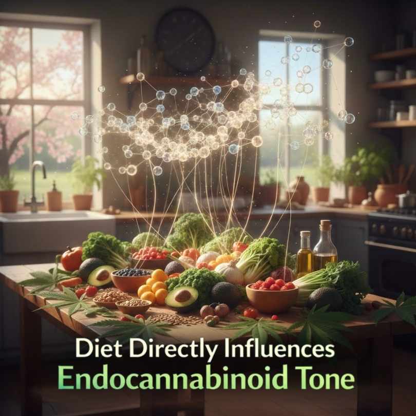 Kitchen counter display of nutrient-dense whole foods, leafy greens, avocados, and oils connected by glowing molecular network lines, featuring the text "Diet Directly Influences Endocannabinoid Tone."