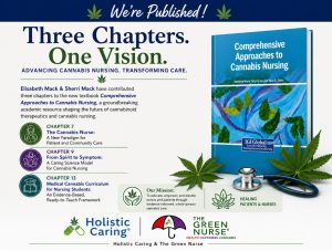 Promotional graphic announcing the publication of three cannabis nursing chapters by Elisabeth Mack and Sherri Mack in the textbook Comprehensive Approaches to Cannabis Nursing, featuring the book cover, chapter highlights, and Holistic Caring and The Green Nurse logos.