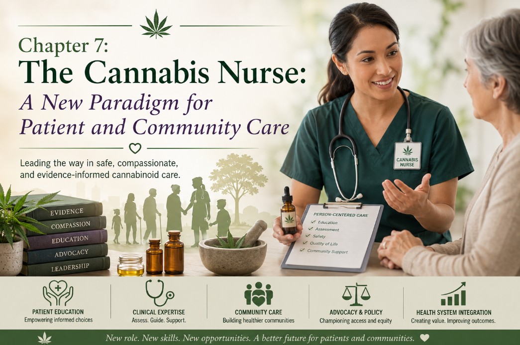 Promotional graphic for Chapter 7, The Cannabis Nurse: A New Paradigm for Patient and Community Care, showing a cannabis nurse consulting with an older patient and highlighting evidence-informed, patient-centered cannabis care.