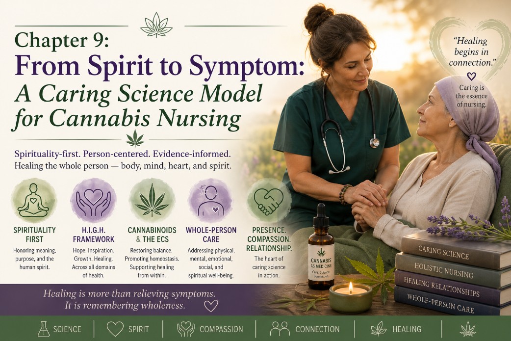Promotional graphic for Chapter 9, From Spirit to Symptom: A Caring Science Model for Cannabis Nursing, featuring a nurse compassionately supporting a patient while highlighting spirituality, whole-person care, and evidence-informed cannabis nursing.