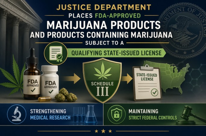 Infographic explaining that FDA-approved marijuana products and products containing marijuana require a qualifying state-issued license under proposed Schedule III federal regulations, highlighting medical research and federal oversight.