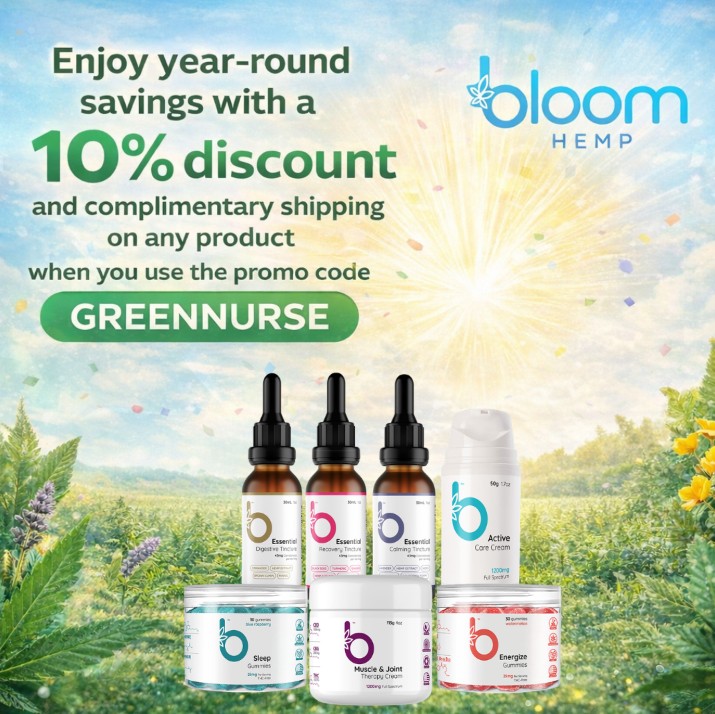 Bloom Hemp CBD tinctures, gummies, and topical creams with the GREENNURSE promo code for 10% off and complimentary shipping on hemp wellness products.