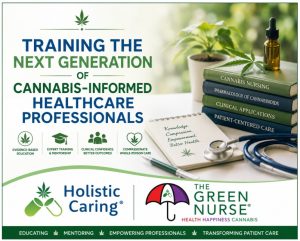 Educational graphic from Holistic Caring & The Green Nurse promoting cannabis-informed healthcare professional training through evidence-based cannabis education, clinical mentorship, and patient-centered care.