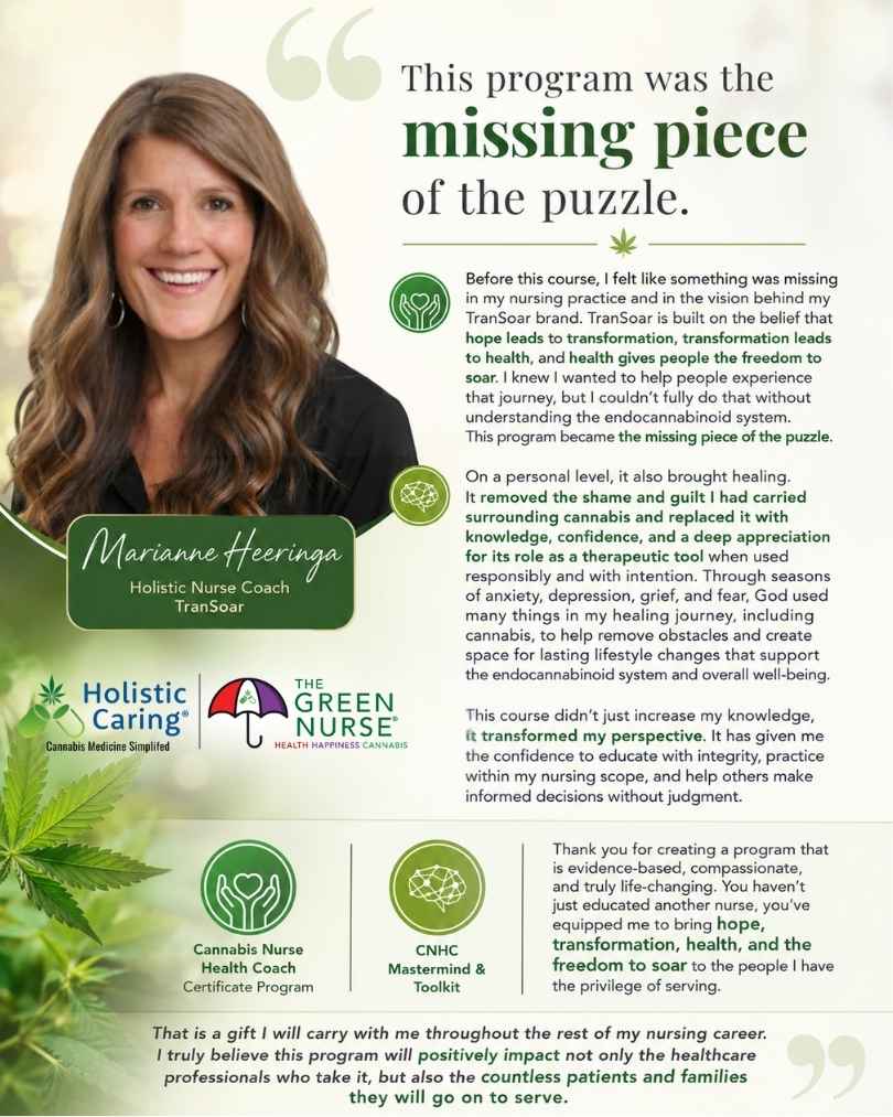 Graphic featuring Marianne Heeringa sharing her testimonial on how the CNHC Certificate Program helped transform her nursing practice and understanding of the endocannabinoid system.