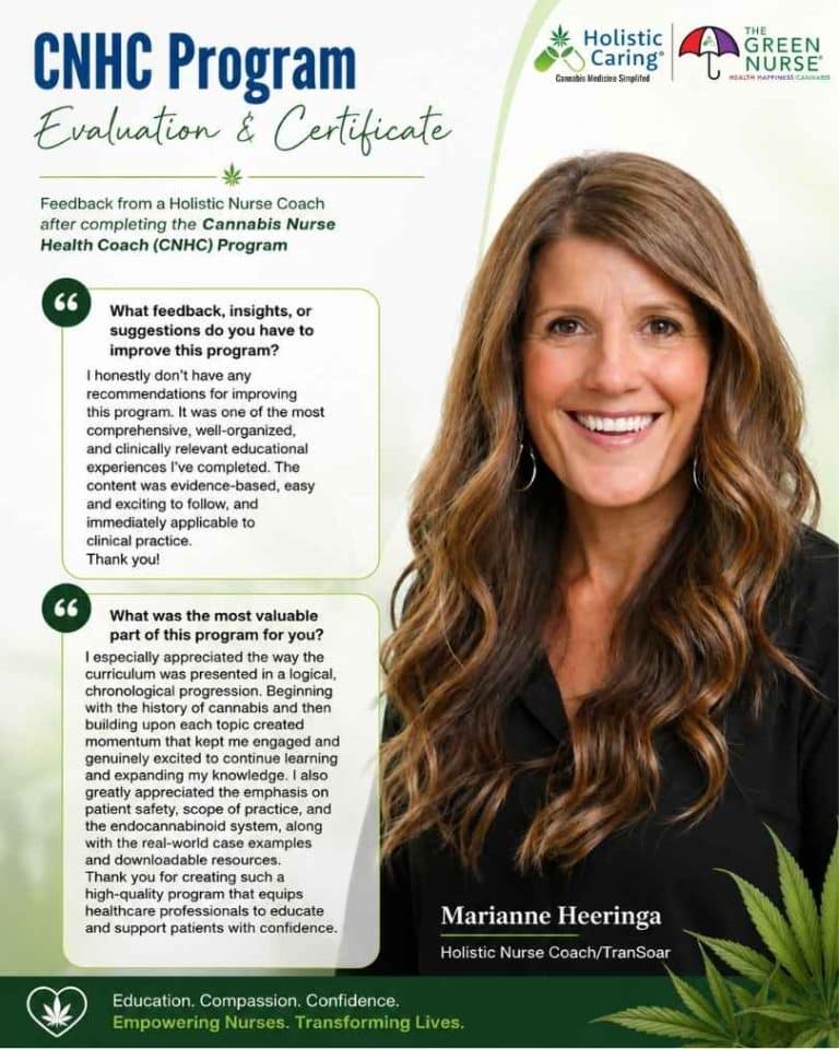 Portrait of Marianne Heeringa, Holistic Nurse Coach, alongside her evaluation and review of the Cannabis Nurse Health Coach CNHC program by Holistic Caring and The Green Nurse.