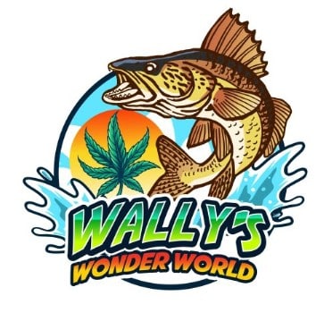 Wally's Wonder World brand logo featuring a walleye fish jumping over water with a cannabis leaf and sunset in the background.