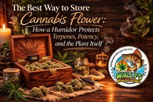 A luxury wooden cannabis humidor with digital hygrometer displaying 58 percent relative humidity filled with fresh flower buds.