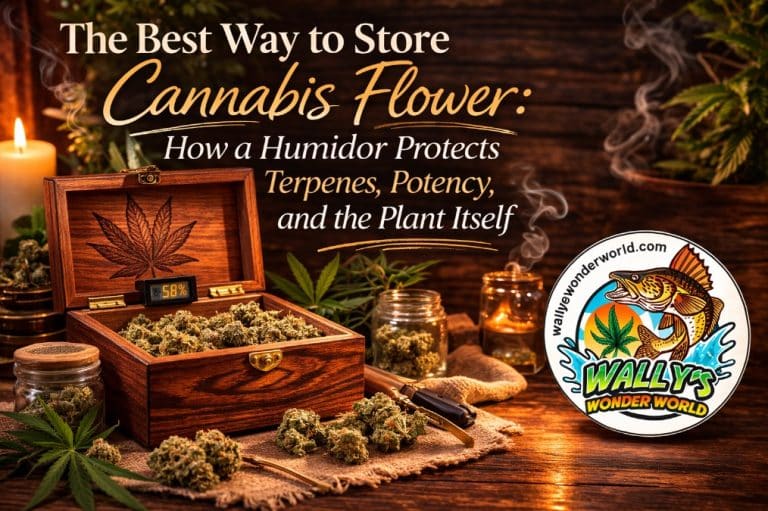 A luxury wooden cannabis humidor with digital hygrometer displaying 58 percent relative humidity filled with fresh flower buds.
