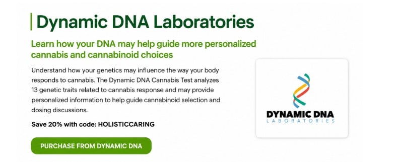 Dynamic DNA Laboratories promo banner explaining how DNA testing helps personalize cannabinoid choices and dosage with a 20 percent discount code HOLISTICCARING.